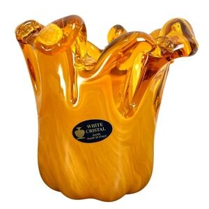 White Cristal Murano Hand Made Italy Amber Yellow Handkerchief Art Glass Vase